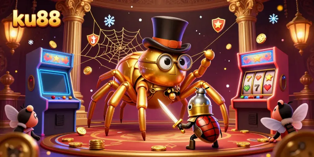 Engage with ku88's vibrant casino world through a golden tarantula weaving a web of games.