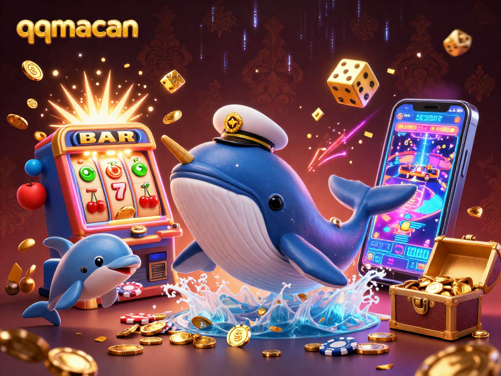 Engage with qqmacan's thrilling 3D casino scene featuring a whale and dolphins amidst jackpot excitement.