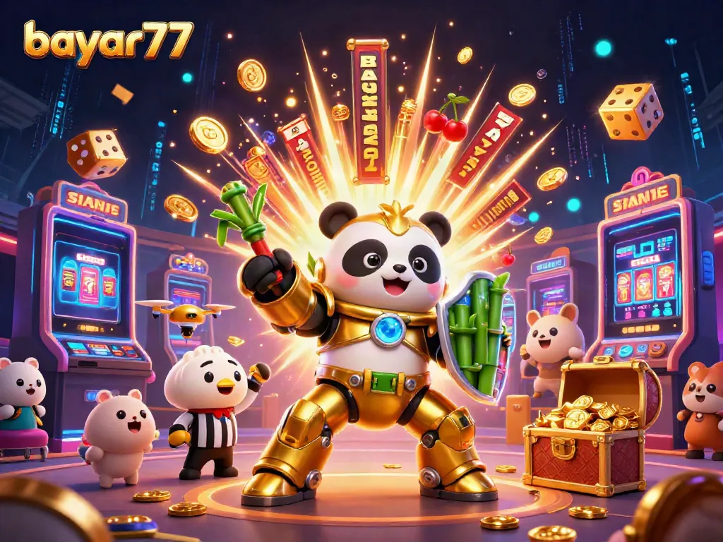 Experience excitement with bayar77 as a golden panda pilots a bamboo robot amid dazzling casino elements.