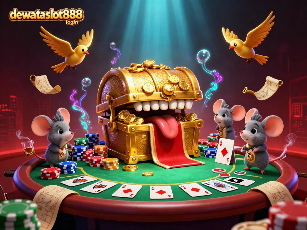 Memahami proses dewataslot888 login melalui ilustrasi kasino yang menggiurkan dengan karakter menarik dan elemen permainan yang kaya.