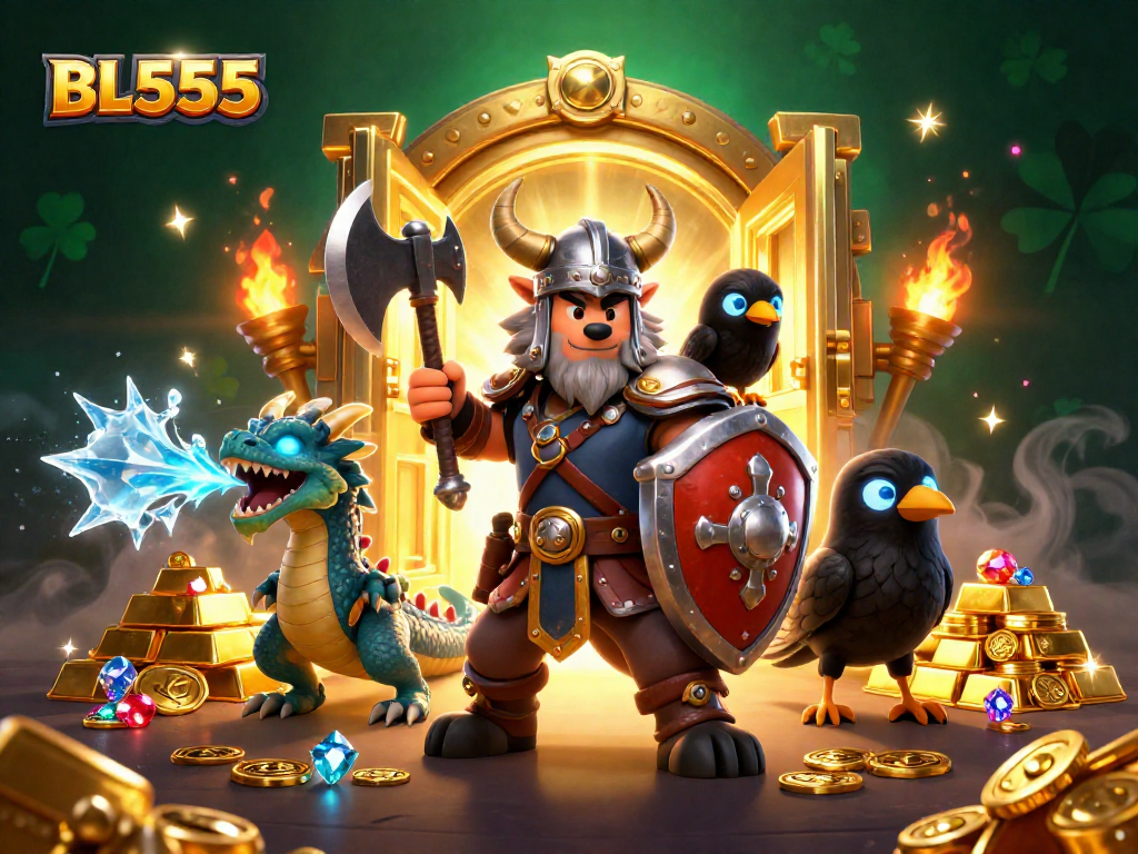 Engage with BL555's thrilling 3D cartoon Viking gaming scene featuring a wolf warrior, dragon, and treasure elements.