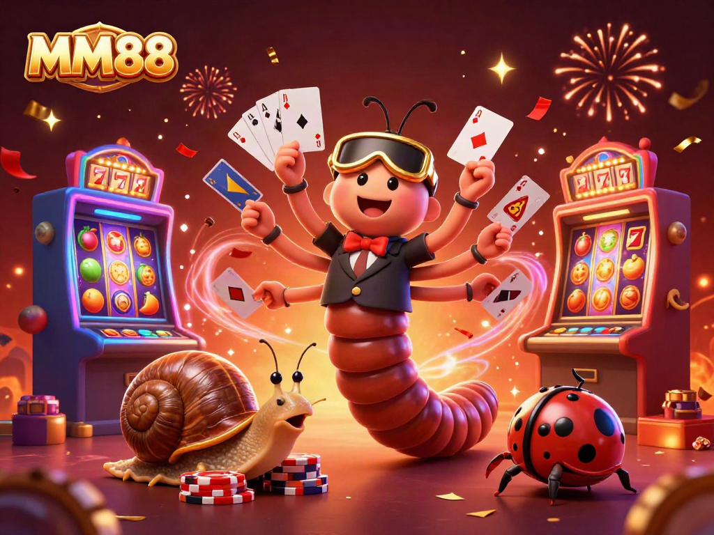 Experience winning thrills at MM88 with a vibrant casino scene featuring colorful slot machines and characters.