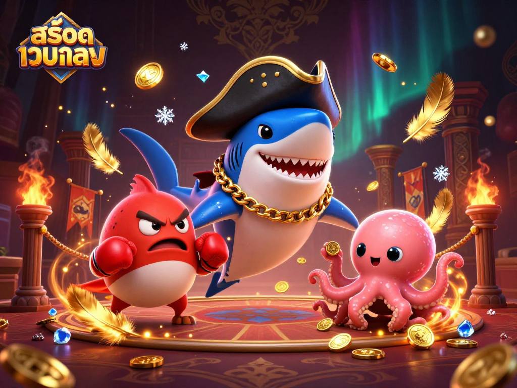 Play สล็อตเว็บตรง with engaging characters like a pirate shark and octopus in a dynamic casino scene.