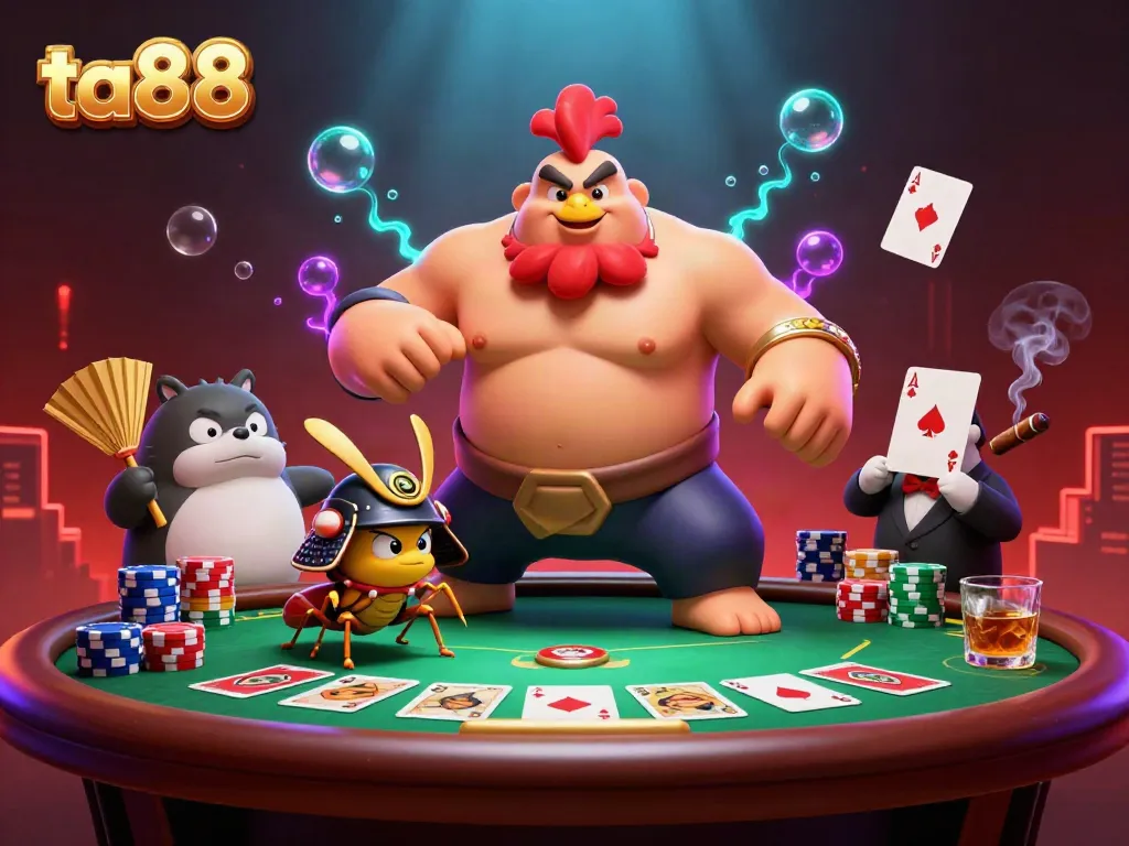 Experience the excitement of ta88 with animated characters and poker elements in a vibrant casino scene.