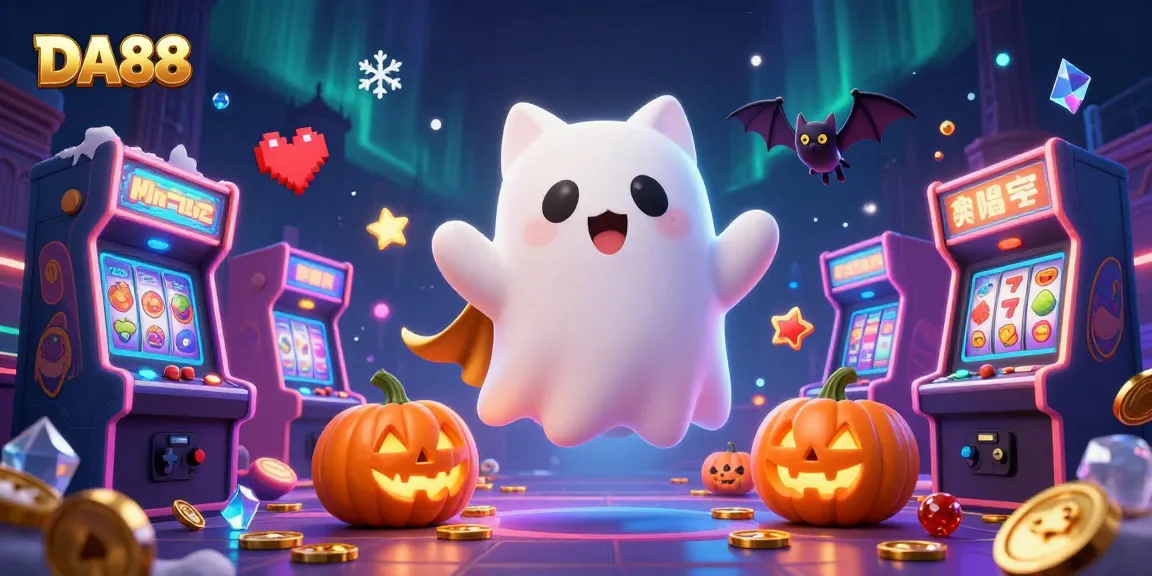 DA88 slots scene where a friendly ghost cat and a vampire bat play games among glowing jack-o-lanterns.