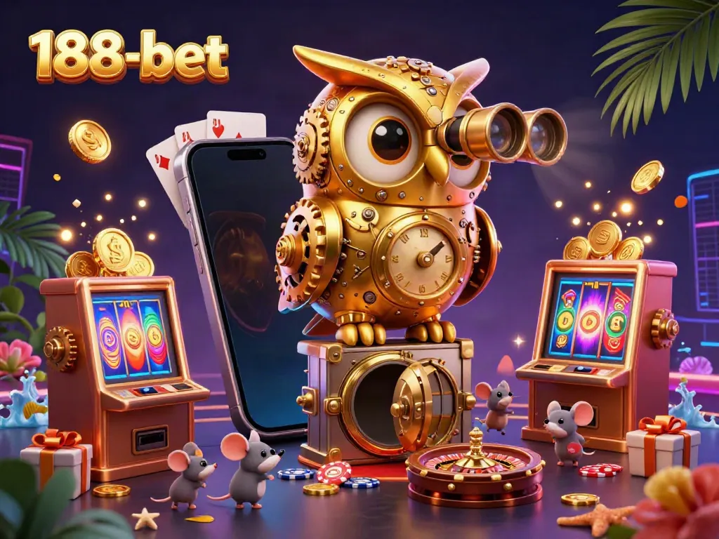 Engage in thrilling gameplay at 188-bet with a clockwork owl surveying a vibrant casino scene.
