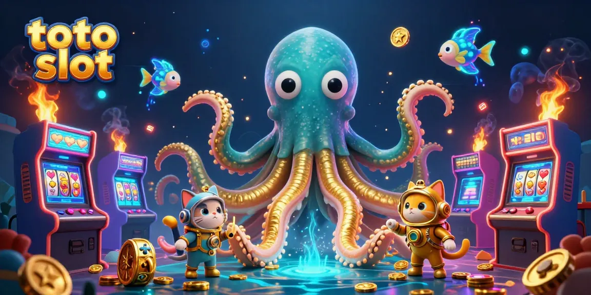 Engage in thrilling toto slot action featuring a kraken and vintage diving cat in a colorful casino scene.