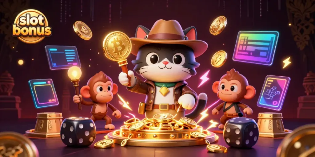 Discover slot bonuses in vibrant 3D illustration with casino artifacts and crypto elements.