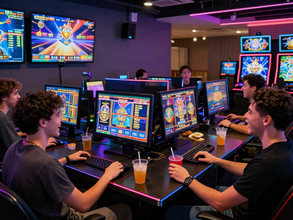 Group enjoying bandar slot games with vibrant lighting and engaging atmosphere