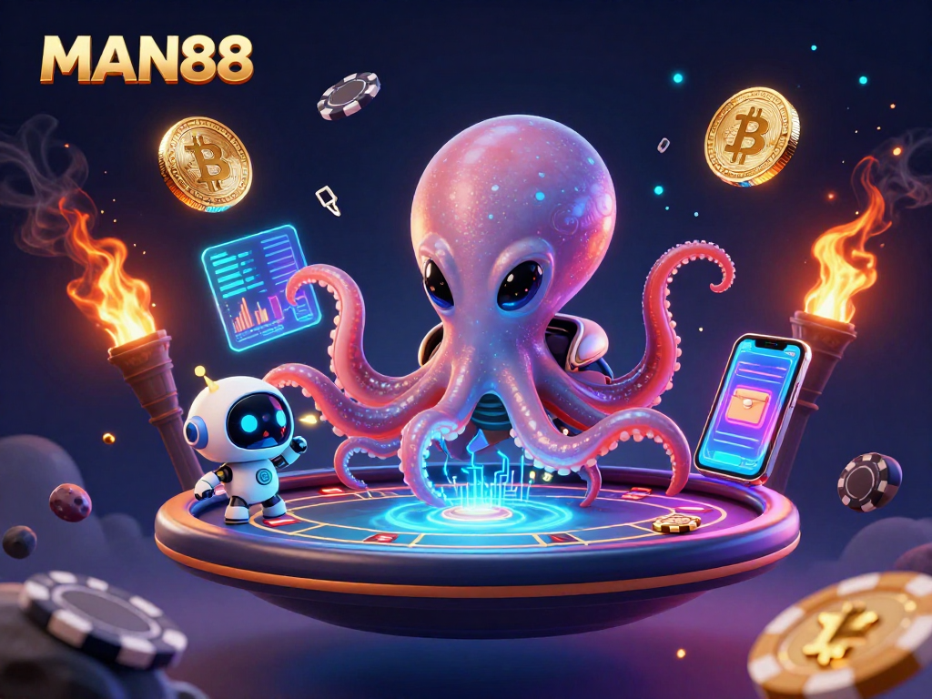 Experience the thrill of MAN88 with a dynamic 3D scene featuring an alien octopus at a holographic poker table.