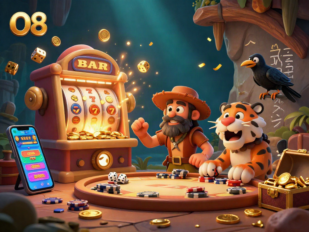 Engage in thrilling casino action with the O8 caveman tiger duo in a prehistoric setting.
