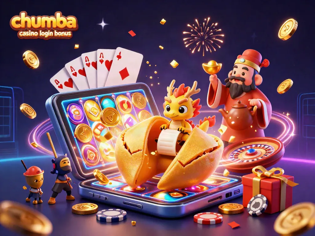 Claim your chumba casino login bonus with vibrant casino-themed rewards in a festive setting.