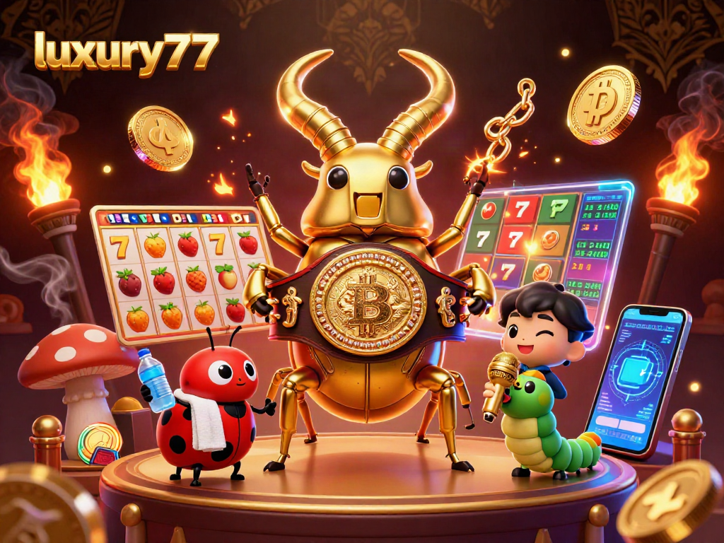 Permainan slot luxury777 yang menarik dengan simbol keberuntungan dan elemen crypto di sekitarnya.