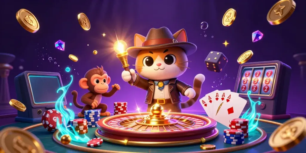 Engage in the thrilling world of SUNWIN as the explorer cat uncovers golden casino treasures amid cascading coins and vibrant elements.