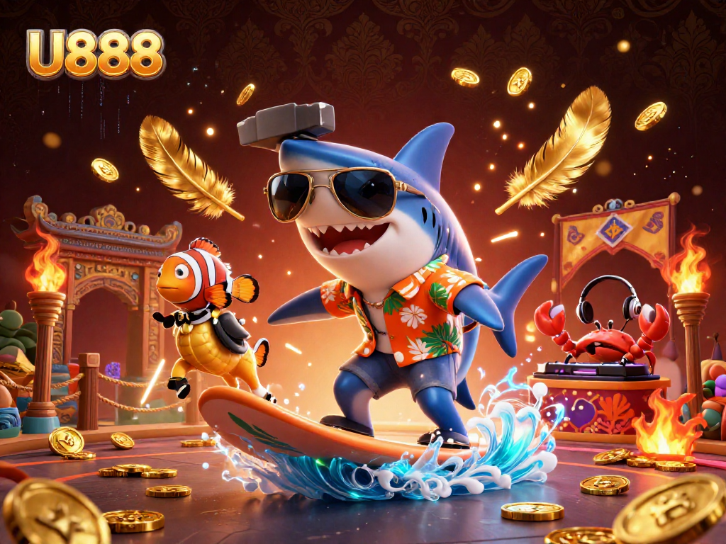 U888 features a shark surfing on gold coins amidst vibrant casino elements in this dynamic illustration.