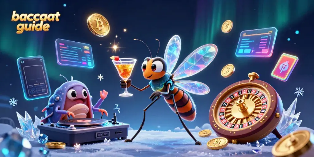 Experience the baccarat guide with a lively 3D illustration of a casino mascot and thematic elements.