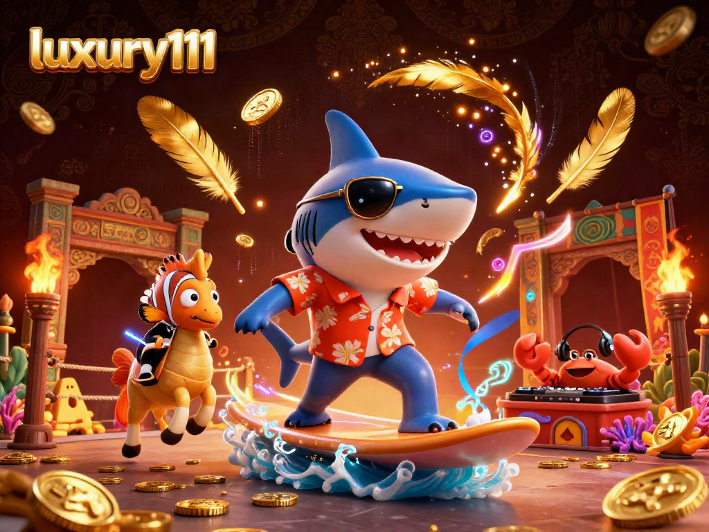 Immerse in luxury111 with a vibrant scene showcasing a shark surfer and casino-themed elements.