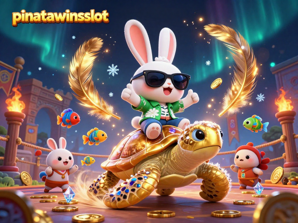 Engage in the thrilling world of pinatawinsslot with vibrant animation featuring a lucky rabbit and gold turtle.