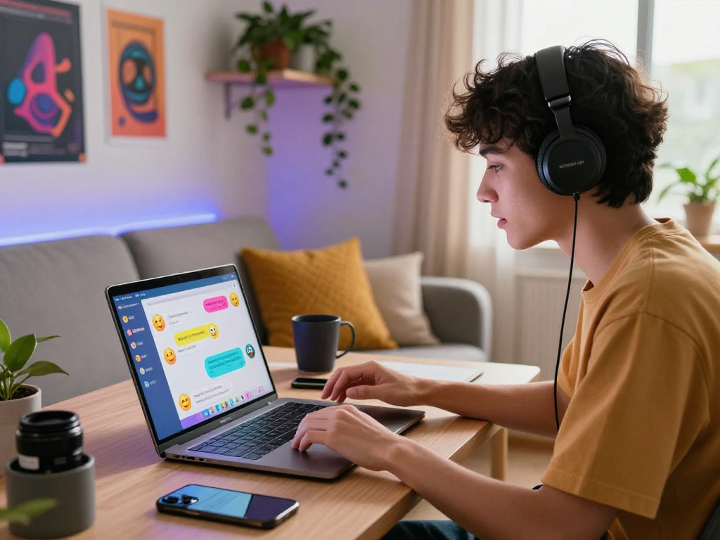 Young adult in a cozy workspace enjoying porn ai chat with a vibrant digital interface.