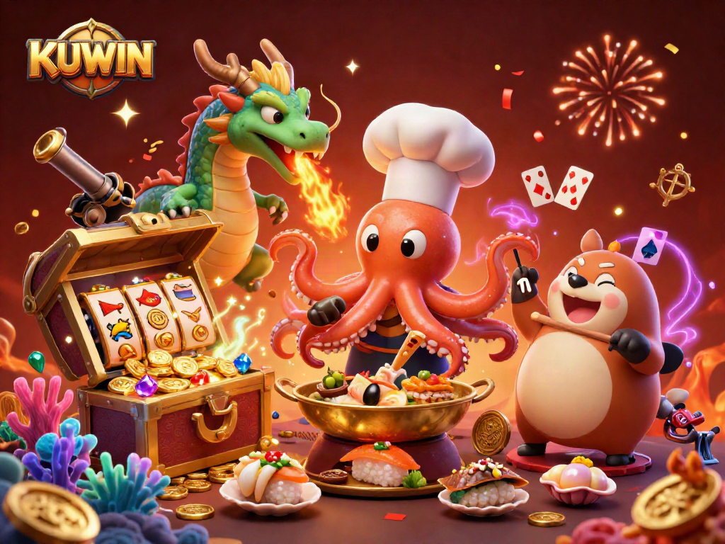 Kuwin showcases a vibrant casino scene with an octopus preparing slot dishes alongside a dragon, creating excitement.