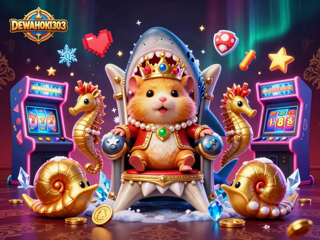 DEWAHOKI303 menampilkan slot online menarik dengan raja hamster emas di singgasana gigi hiu, dikelilingi elemen game.