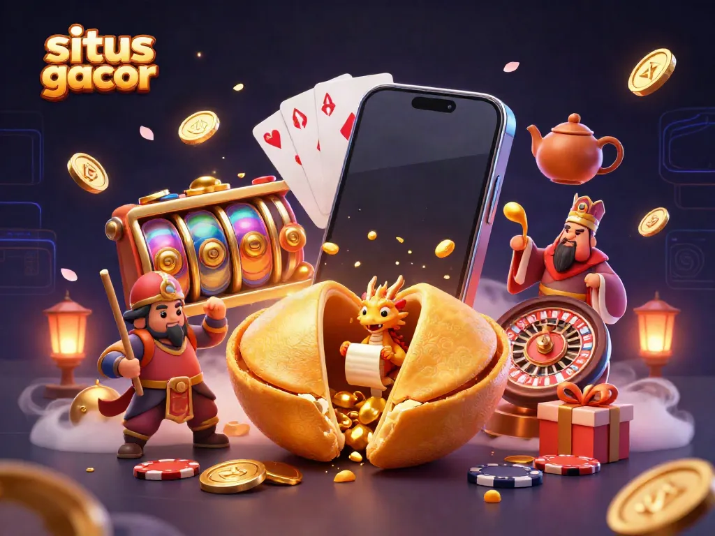 Engage with situs slot gacor through a vibrant scene of a golden fortune cookie, wise dragon, and dynamic slot gaming elements.