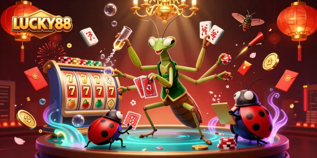 Spin to win with LUCKY88: A vibrant 3D casino scene featuring lively characters and gaming elements.