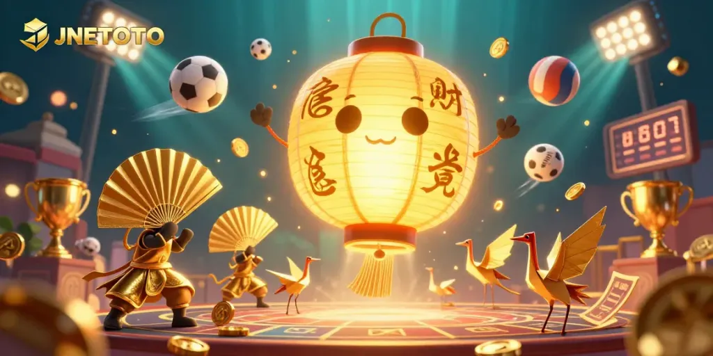 Experience thrilling gameplay at JNETOTO with a vibrant casino scene featuring golden lanterns and dynamic sports elements.