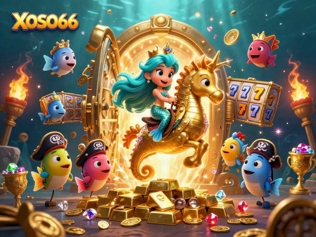 XOSO66 brings excitement with a 3D mermaid riding a seahorse and slot machines bursting with gems.
