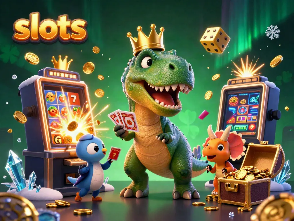 Experience thrilling slots action with a T-Rex, pterodactyl, and triceratops in this vibrant casino scene.