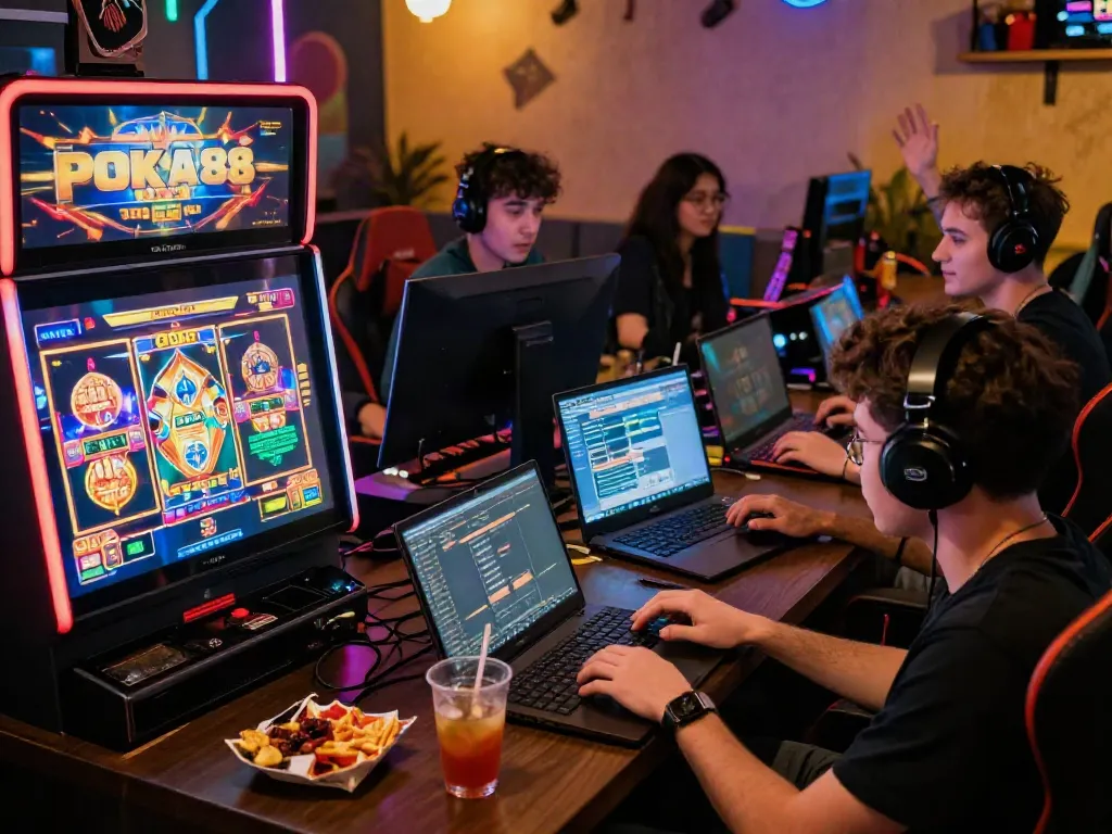 Exciting online gaming scene with diverse players enjoying POKA88 slot games.