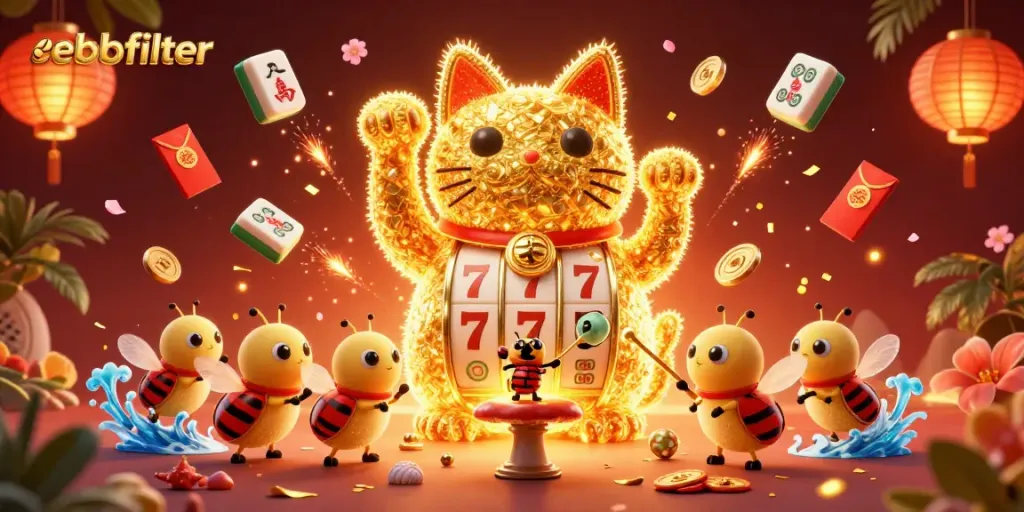 Experience joyful wins with ebbfilter's golden lucky cat in a vibrant casino scene.