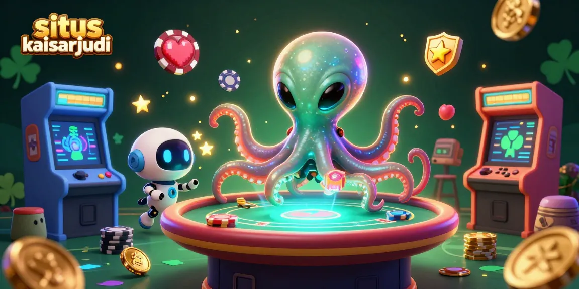 Experience exciting gaming action with situs kaisarjudi featuring an alien octopus at a holographic poker table.