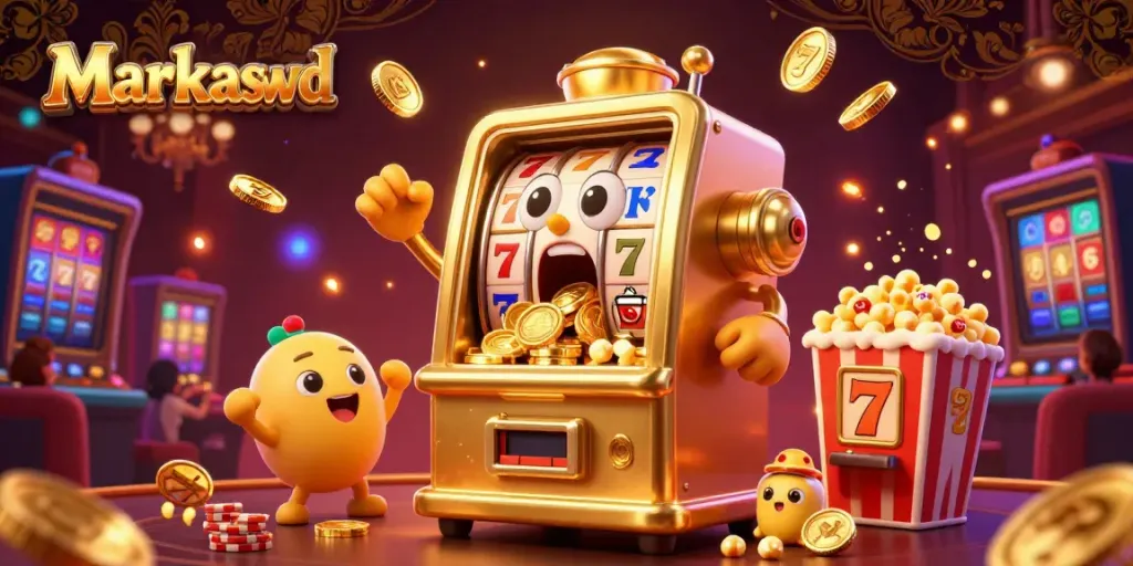 Experience the thrill of Markaswd as a golden slot machine hits a jackpot amidst cheering baby slots and vibrant casino elements.