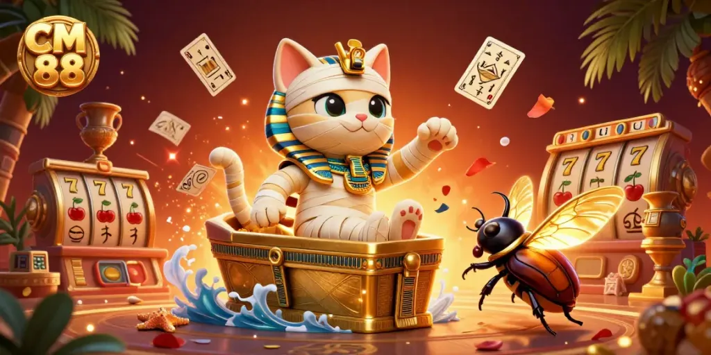 Experience CM 88’s exciting slot adventure with a glowing mummy cat, scarab, and themed game elements!