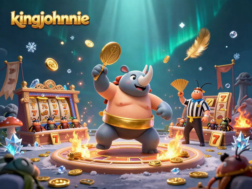 Engaging scene of kingjohnnie promotion with beetle champions, gold coins, and vibrant gambling elements.