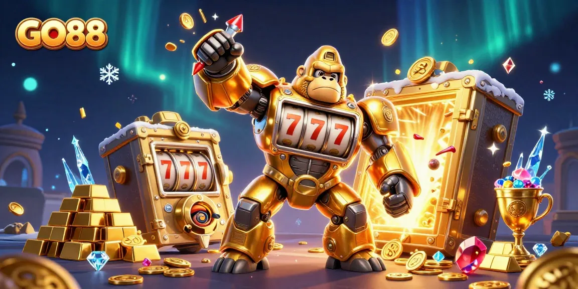Engage in thrilling gaming excitement with GO88's golden gorilla mech surrounded by treasures.