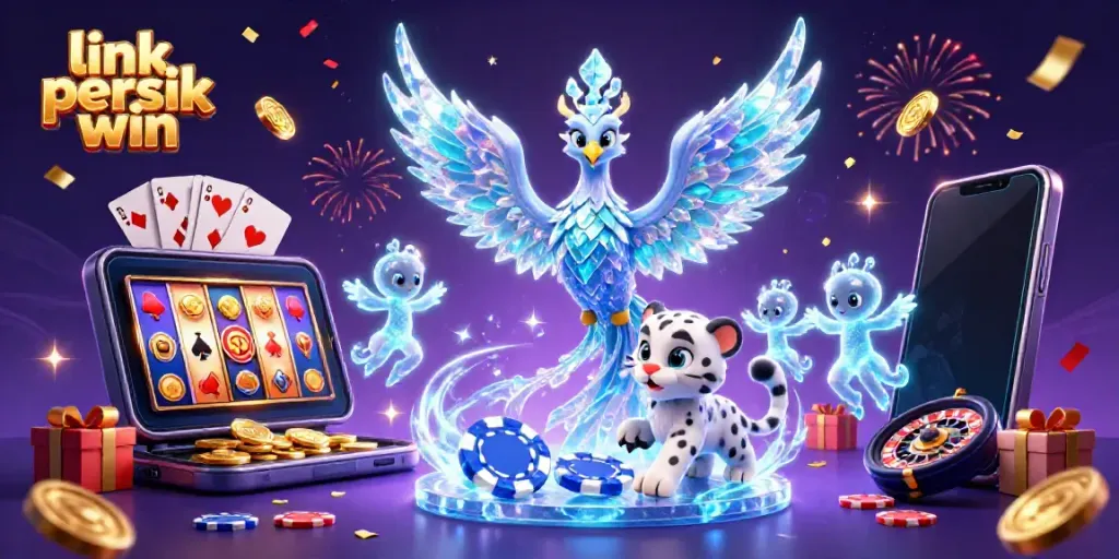 Permainan slot dan pengalaman taruhan di ponsel dengan tema "link persik win" dalam ilustrasi 3D yang dinamis.