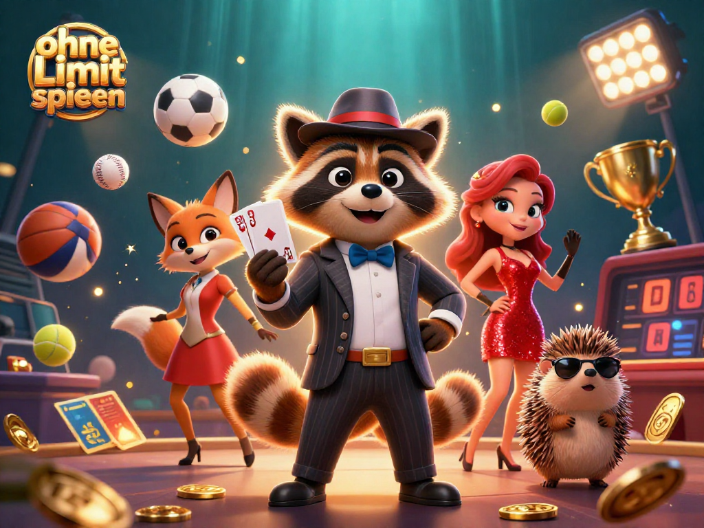 Engage in ohne Limit spielen with suave raccoon and friends in a vibrant casino scene.