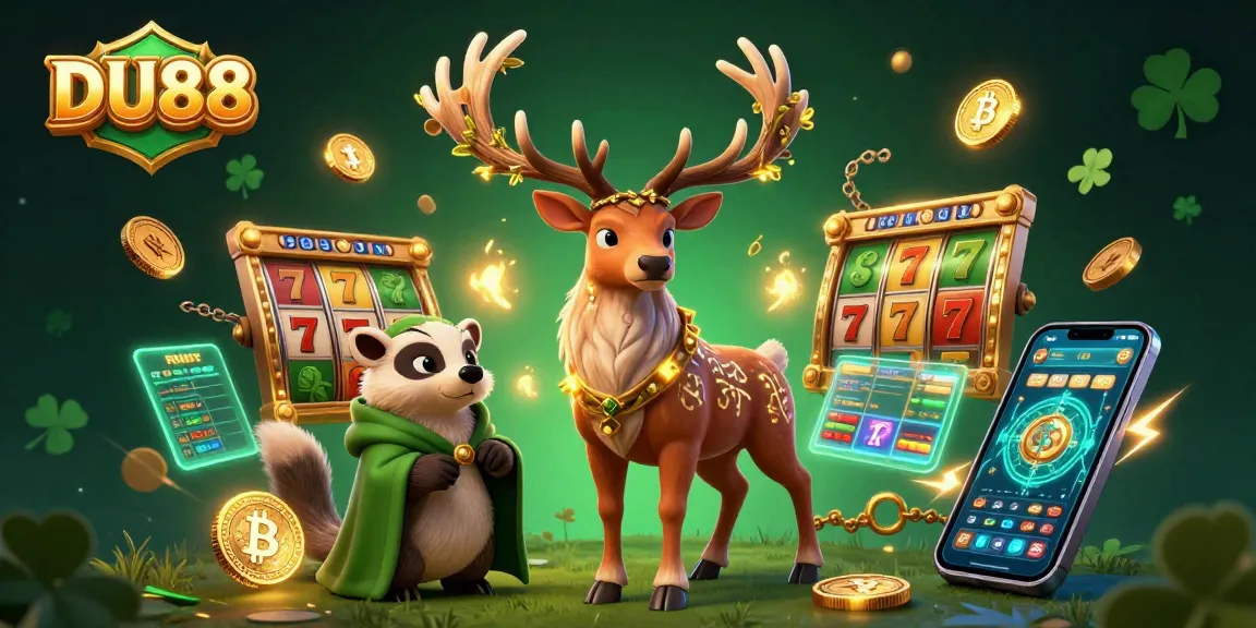 Engage with DU88's captivating casino adventure featuring wild characters amid glowing slots and crypto coins.