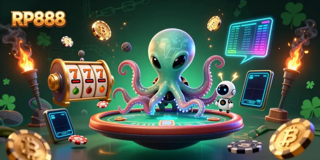Experience the excitement of RP888 with a vibrant 3D alien poker scene featuring immersive gaming elements.