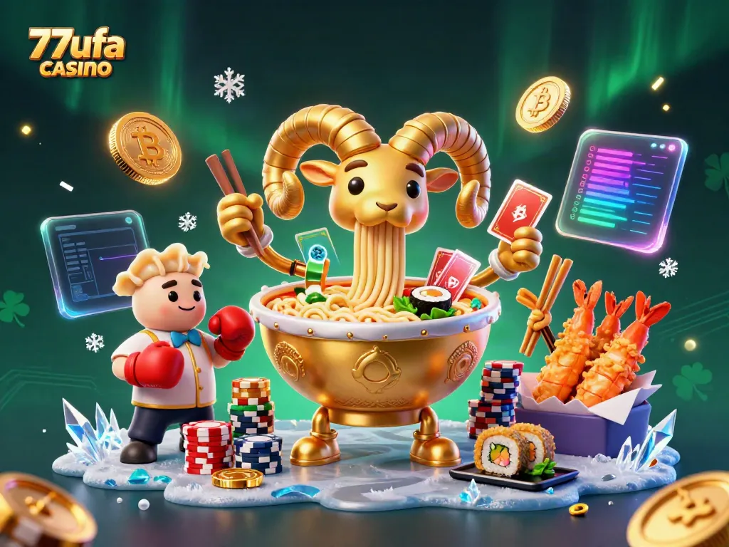 Experience the excitement at 77ufa casino with a vibrant 3D illustration showcasing playful characters and dynamic gaming elements.