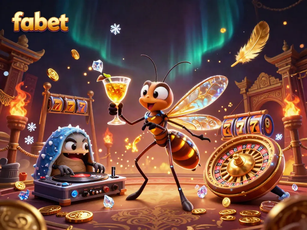 Fabet's dynamic casino scene features a lively amber mosquito mascot with a golden cocktail spinning a roulette wheel.