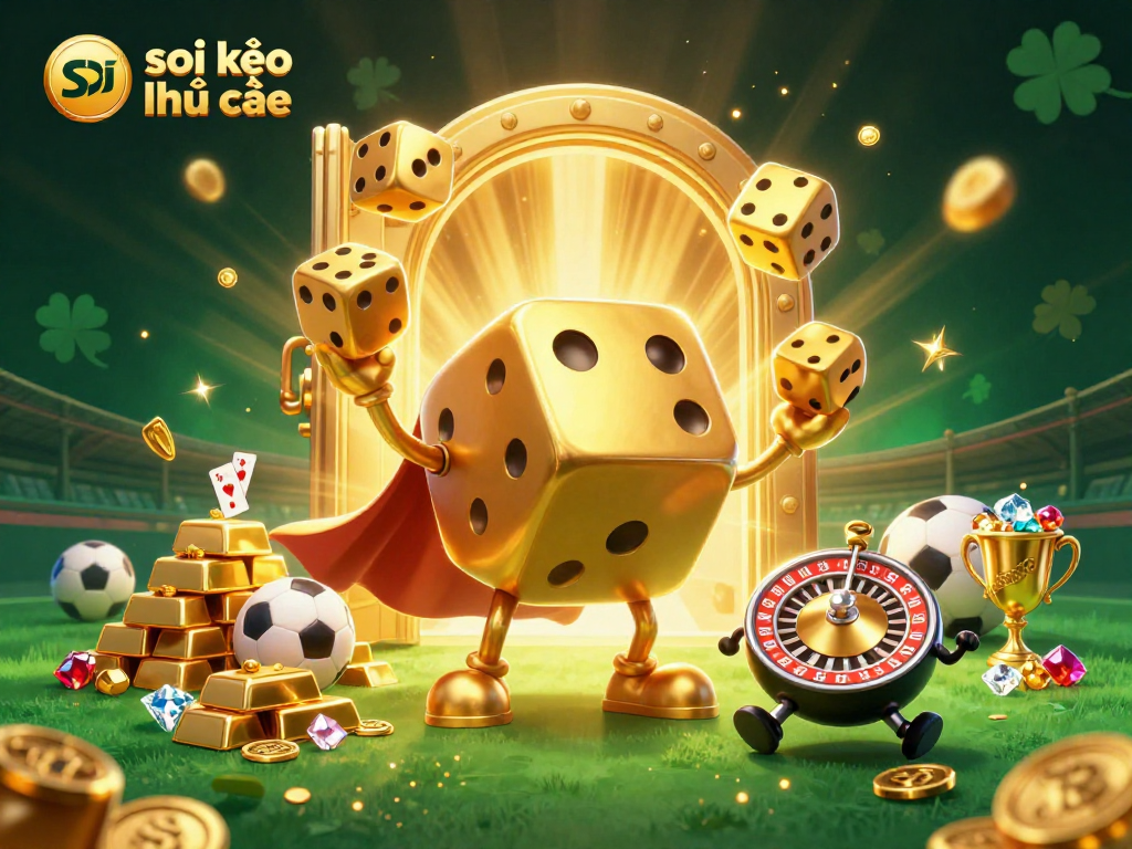 Soi kèo nhà cái showcases a vibrant sports betting scene with dynamic golden dice and rich casino game elements