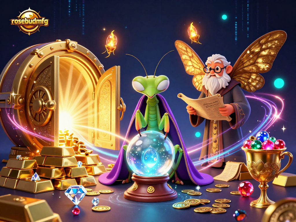 Experience winning strategies with rosebudmfg in a vibrant casino-themed 3D illustration packed with treasure.