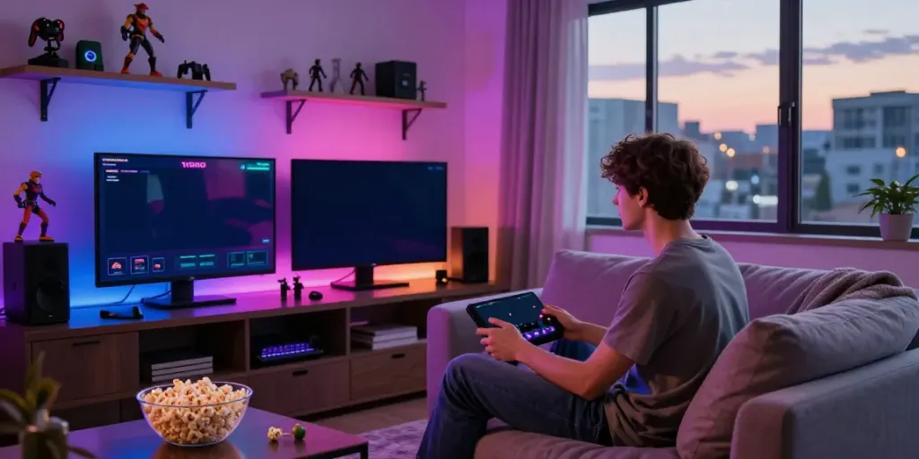 Engaging in Yono Arcade on a smartphone in a cozy gaming setup.