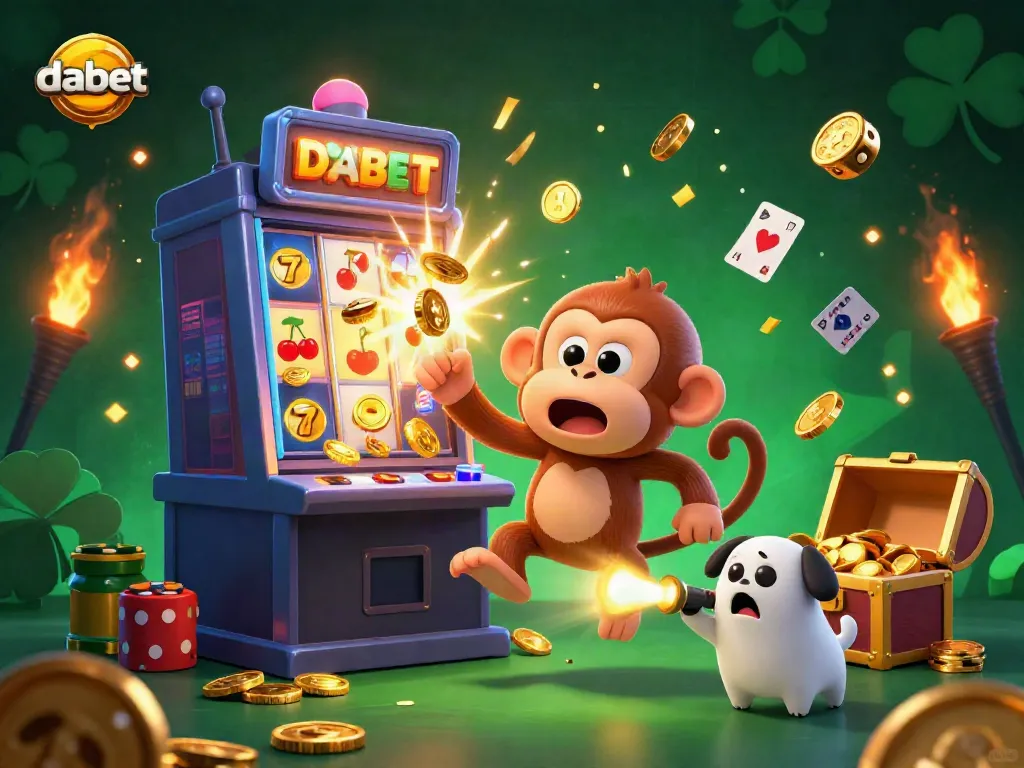 Dabet casino scene featuring a playful poltergeist monkey juggling golden objects while a curious puppy tracks it, showcasing vibrant gaming elements.