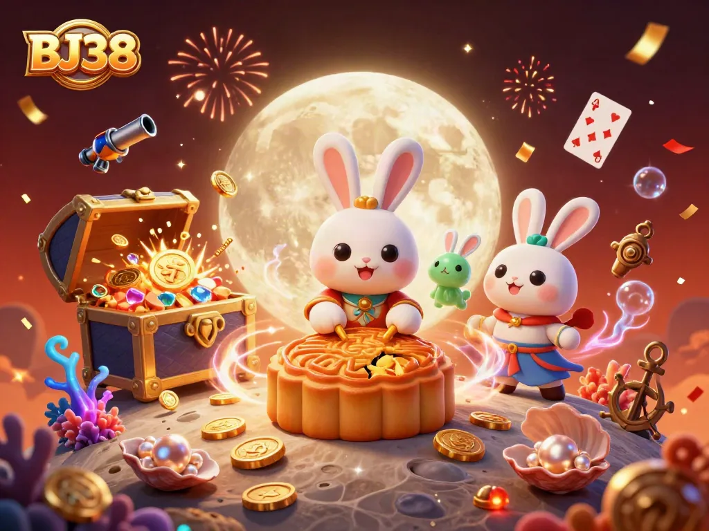 Experience vibrant BJ38-themed casino action with moon rabbits and poker chips in a festive scene.