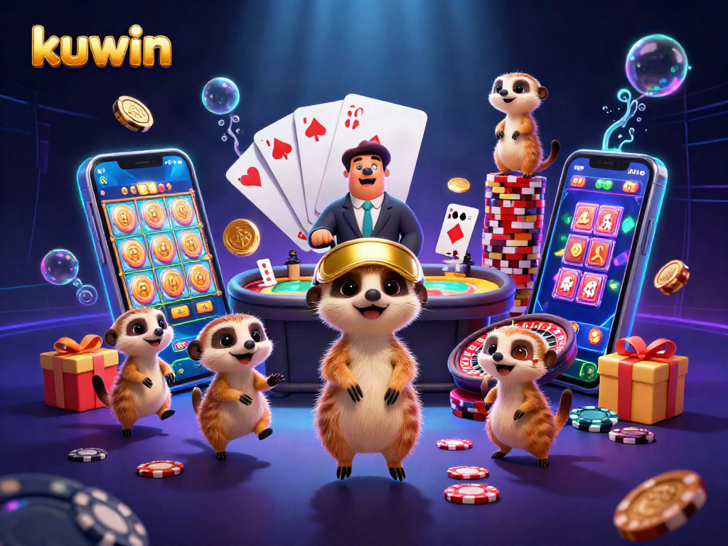 Kuwin meerkats running a vibrant casino scene, showcasing engaging slot games and lively interactions.