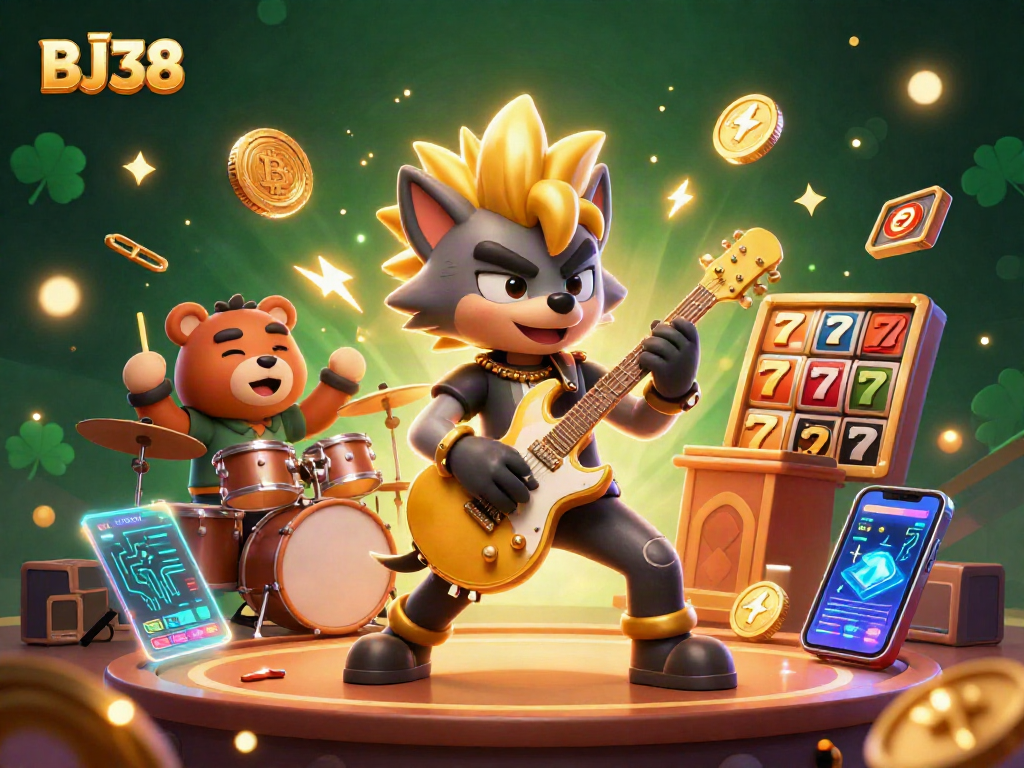 Experience BJ38's thrilling jackpots with a vibrant casino scene featuring dynamic characters and rich gaming elements.